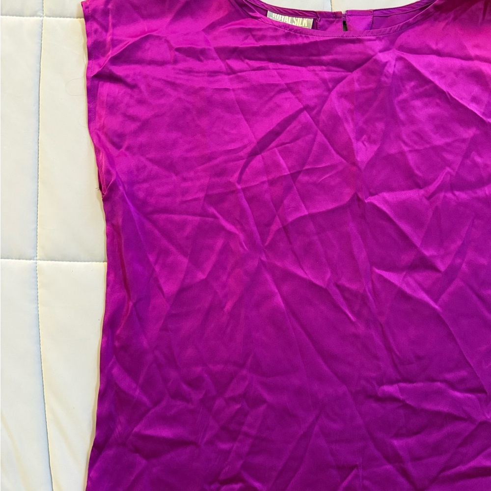 Vintage Royal Silk 100% Pure Silk Magenta Cap Sleeve Top Made in Hong Kong L 80s - Picture 2 of 5